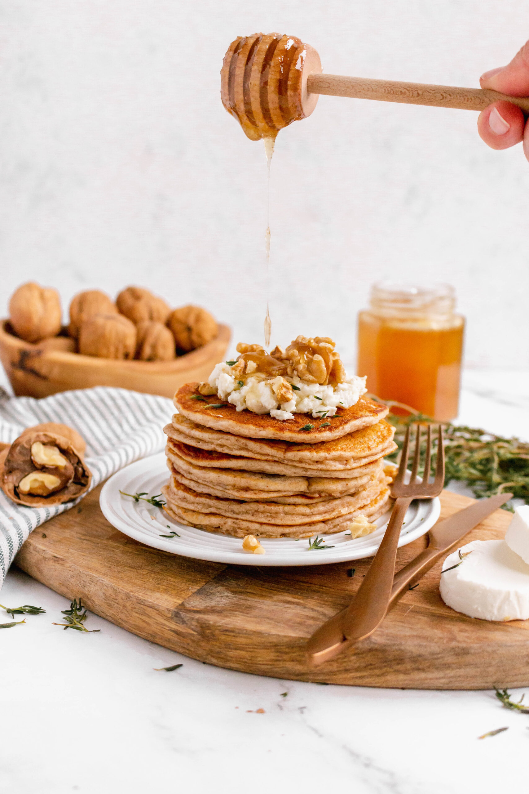 Honey on goat cheese pancakes