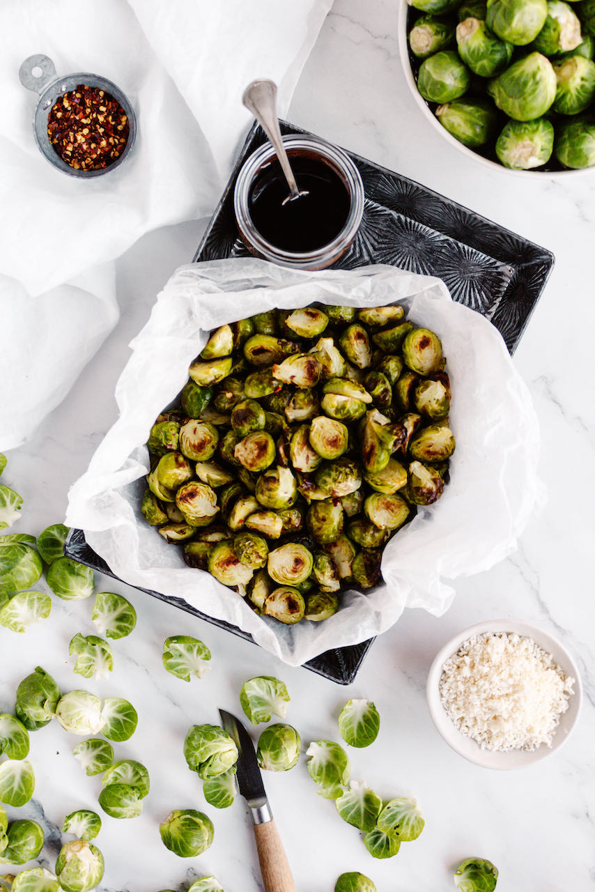 oven-baked brussels sprouts in the tray flatlay