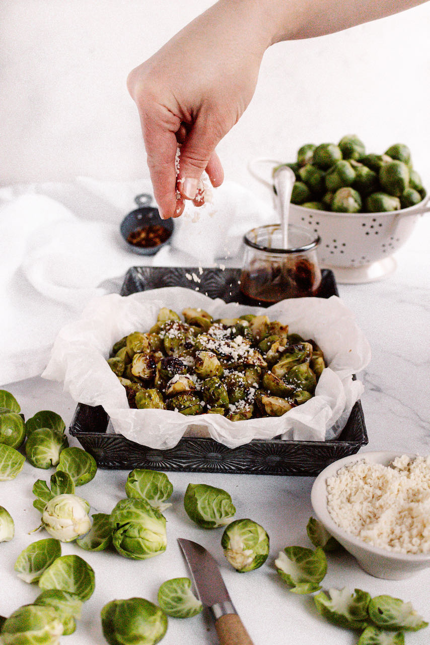 Roasted Brussels sprouts sprinkle with Parmesan cheese