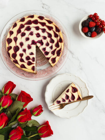 Hearty Valentine's day cheesecake flatlay cut slice