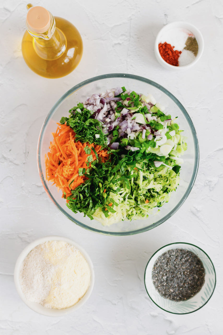 vegan zucchini carrot fritters ingredients prepared