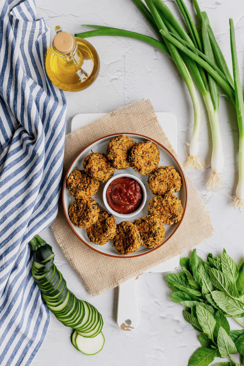 vegan zucchini carrot fritters large flatlay