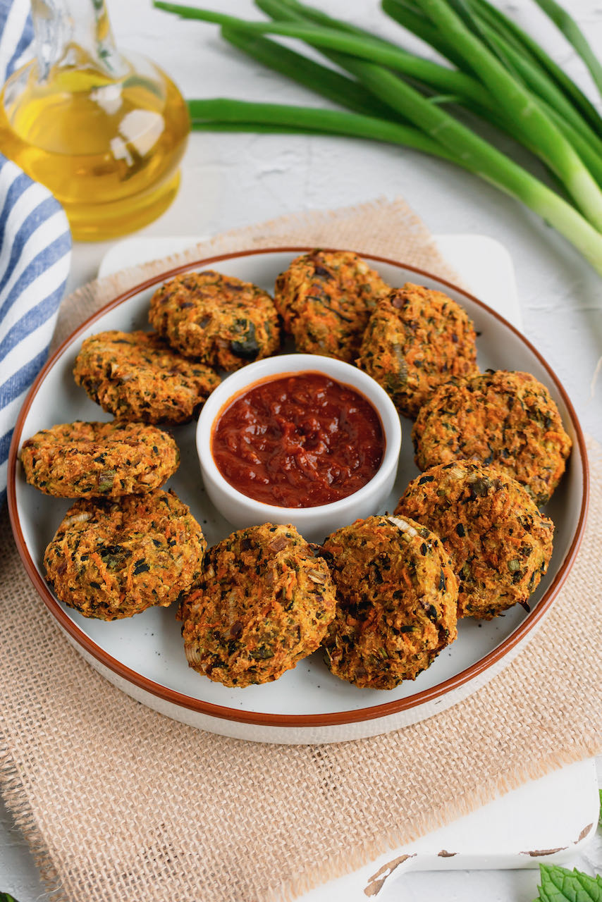 vegan zucchini carrot fritters 45º angle